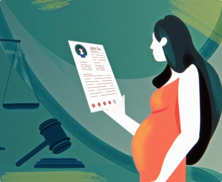 Illustration of a pregnant woman holding a resume, with a gavel and scales of justice in the background.