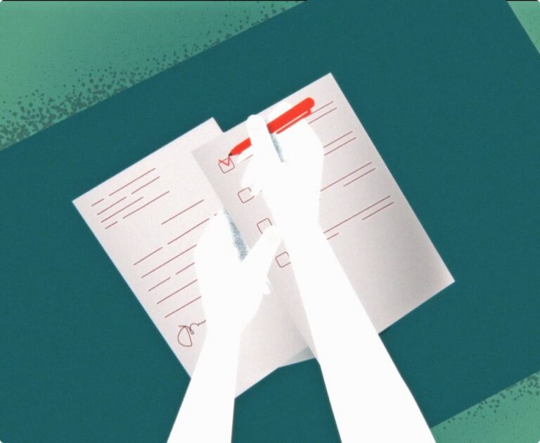 Illustration of hands holding a red pen and checking off boxes on a checklist in a notebook, with a signature at the bottom.