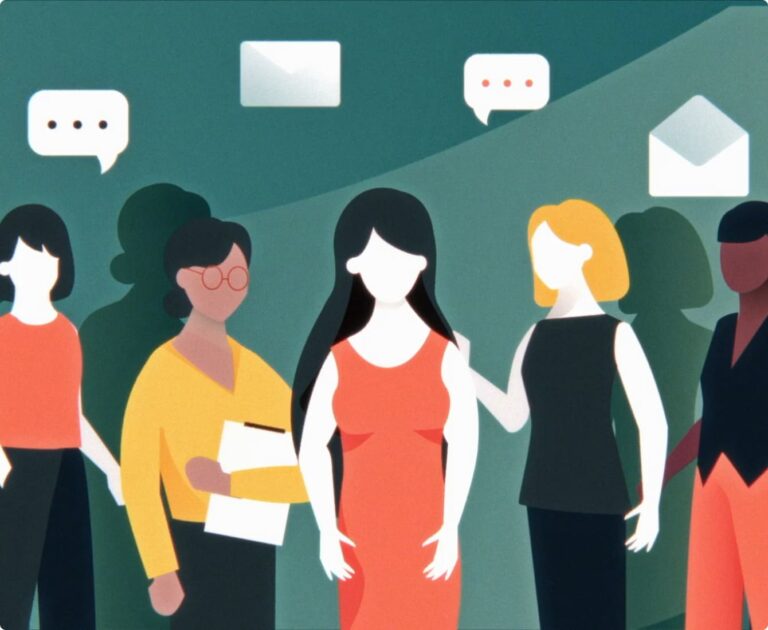 Illustration of five diverse women standing together, engaging in conversation, with icons of speech bubbles and envelopes floating above.