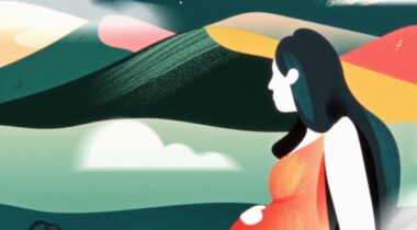 A stylized illustration of a pregnant woman in an orange dress standing in a vibrant, abstract landscape with hills and colorful skies.