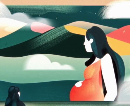 A stylized illustration of a pregnant woman in an orange dress standing in a vibrant, abstract landscape with hills and colorful skies.