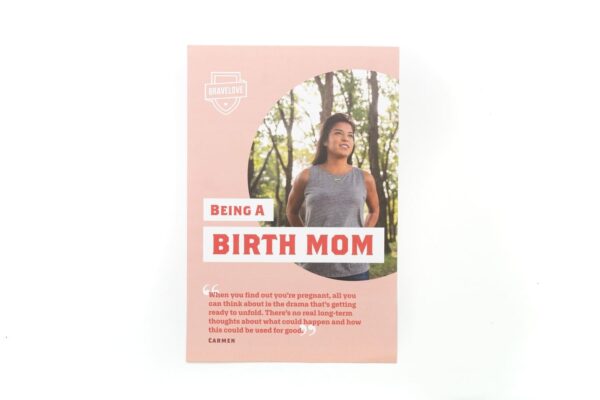 A pink Birth Mom Testimonial Flyer featuring an image of a smiling woman in a park and a quote from Carmen.