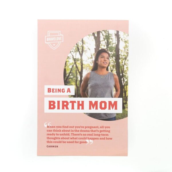 A pink Birth Mom Testimonial Flyer featuring an image of a smiling woman in a park and a quote from Carmen.