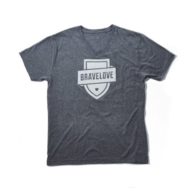 Grey V Neck T-Shirt featuring a bold shield graphic with the word "BRAVELOVE" in capital letters across the chest.