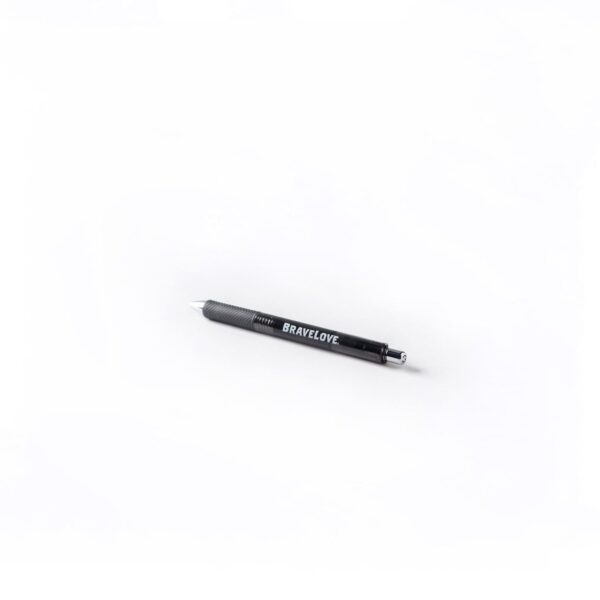 A black mechanical pencil with "BRAVELOVE" inscribed on its side, labeled as Pentel Pens, placed on a white background.