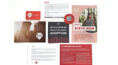 Various adoption pamphlets and cards arranged on a white background, focusing on myth-busting and support for birth mothers.