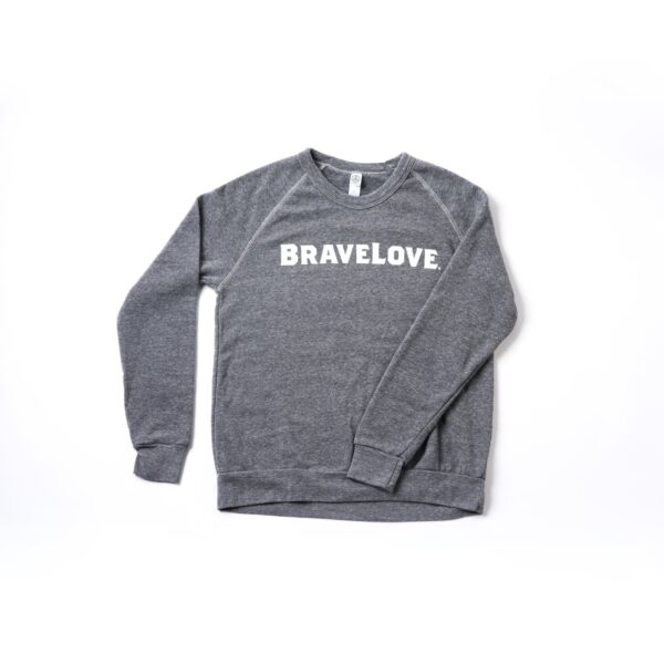 A gray sweatshirt with "BRAVELOVE" printed in white text across the chest, showcased against a white background.