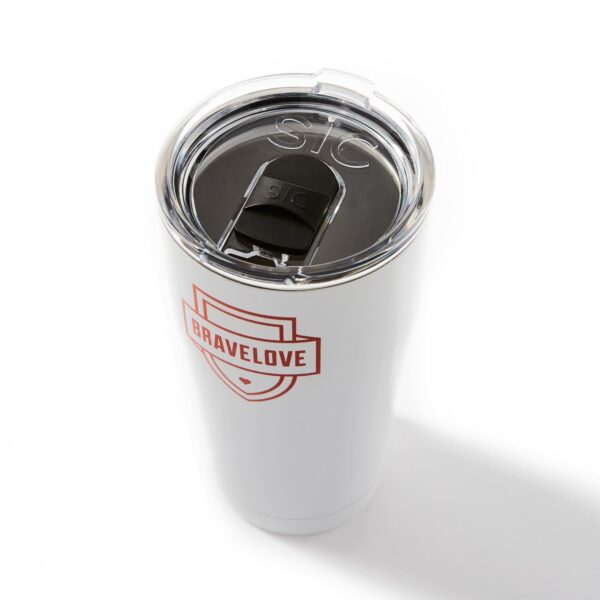 20 oz Drink Tumbler featuring a "Bravelove" logo, made of stainless steel with insulation and equipped with a clear plastic lid, displayed on a white background.