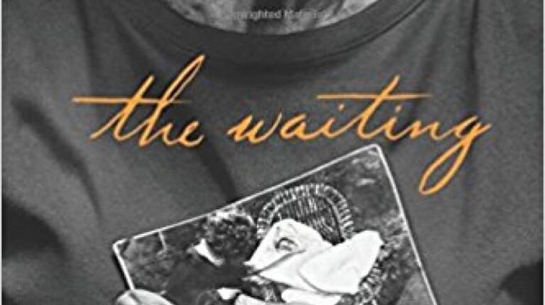 A person holding a photograph of a couple, with the text "the waiting" displayed in cursive over the image. Black and white cover.