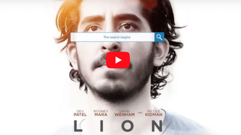 A close-up of a person with a search bar across their face. Text below lists actors' names and the title "Lion" with a play button.